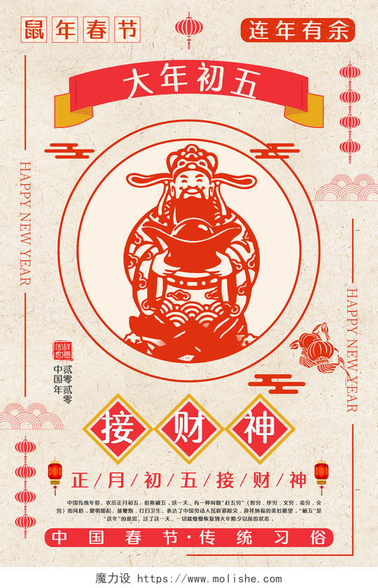春节习俗剪纸风2020鼠年正月大年初五接财神中国传统节日海报大年初一至初七系列图4